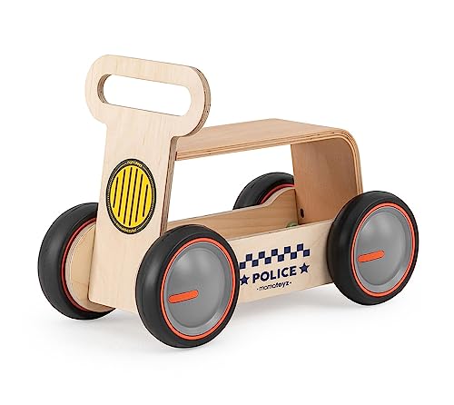 Mamatoyz 03DWPOL DriveMe Wood Police Quadricycle Ride-on aus natürlichem Birkensperrholz, ziehbarer Gehwagen und 3-in-1-Spielzeugkiste für Kinder von Mamatoyz