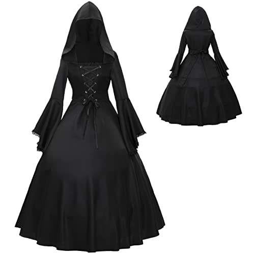 Mambabacosp Vintage Gothic Mittelalter Schwarz Kapuzenkleid Halloween Front Schnürung Ausgestellte Ärmel Kostüm Kleid (Schwarz, XL) von Mambabacosp