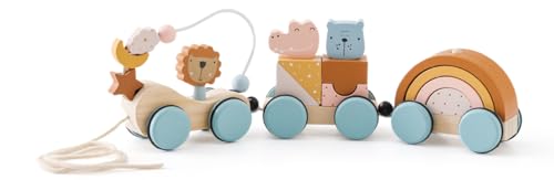 Mamimami Home 3 teiliges Holz Eisenbahn Set, Kinder Holzzug stapelbar mit Bausteinen & bunten Tierfiguren, Anhänger aus Bauklötzen, 10-teilig, nachziehiere, Motorikspielzeug, für Kinder ab 1 Jahr von Mamimami Home