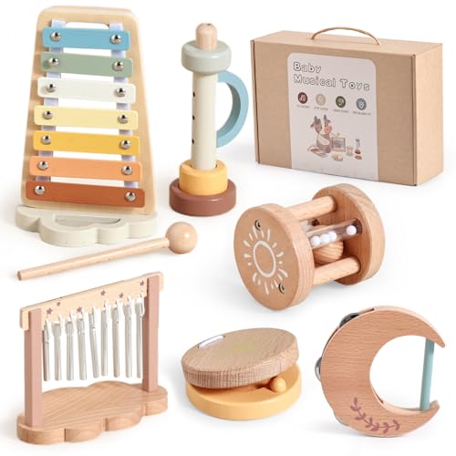 Mamimami Home Bohème-Stil Musikinstrumente Kinder ab 1 2 3 Jahre,6-Teiliges Holz Montessori-Holzspielzeug,Percussion Set Kinder Mit Xylophon Kinder, Röhrenglocke,Klarinetten von Mamimami Home