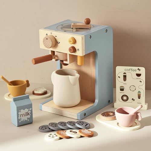 Mamimami Home Kaffeemaschine Kinder Holz Mit Mühle,Spielküche Zubehör Kaffeeservice Spielset,Spielküche Zubehör,22-Teilig, Mit Menü, Pädagogisches Holzspielzeug Rollenspiel,Geschenk für Kleinkind von Mamimami Home