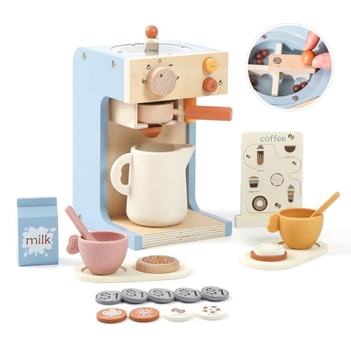 Mamimami Home Kaffeemaschine Kinder Holz Mit Mühle,Kaffeemaschine Kinder Mit Sound,Spielküche Holz,22-Teilig, Mit Menü, Dahinter Befindet Sich Stauraum,Geschenk Mädchen ab 3 Jahre,Blau von Mamimami Home