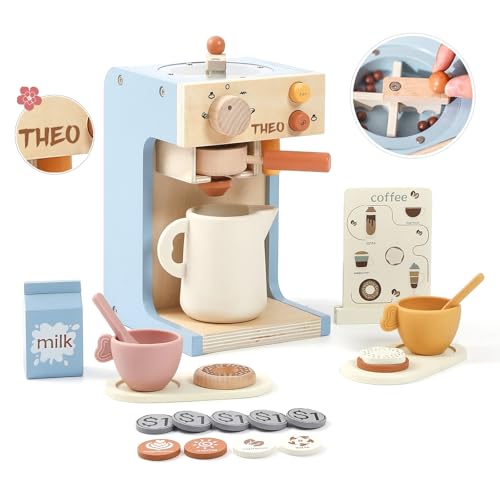 Mamimami Home Kaffeemaschine Kinder Holz personalisierbar,Kaffeemaschine Kinder Mit Sound,Spielküche Holz,22-Teilig, Mit Menü, Dahinter Befindet Sich Stauraum,Spielzeug mit Name von Mamimami Home