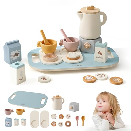 Mamimami Home Teeservice Kinder Teeset aus Holz hölzerne Kaffee Nachmittagstee Spiel, 18-teilig, Teeparty Spielküche Rollenspiele, Küchen-Tee-Set, Spielzeug, Geschenk für Mädchen ab 3 Jahren, Blau von Mamimami Home