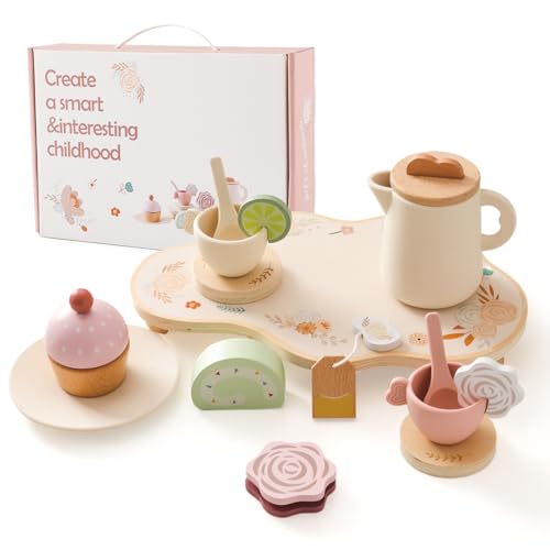 Mamimami Home Kinderküchen Teeset aus Holz Silikon 14 Stück, Tee Kinderspielzeug, Teeparty Rollenspielgeschirr, Spielküchen Teeset Spielzeug, Geschenk für Mädchen und Kleinkinder über 3 Jahre, Khaki von Mamimami Home