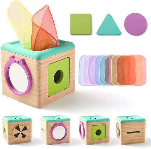 Mamimami Home Montessori Motorikspielzeug Tissue Box Holz,Formerkennung und Drehscheibe, Montessori Spielzeug Baby, 6-12 Monate Sensorik Baby Spielzeug mit Spiegel von Mamimami Home