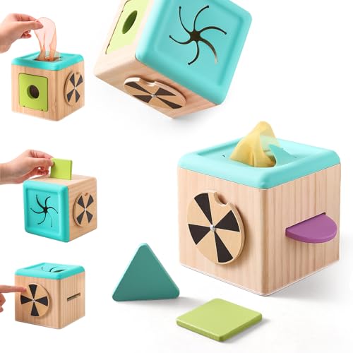 Mamimami Home Montessori Motorikspielzeug Tissue Box Holz,Formerkennung und Drehscheibe, Montessori Spielzeug Baby, 6-12 Monate Sensorik Baby Spielzeug mit Spiegel von Mamimami Home