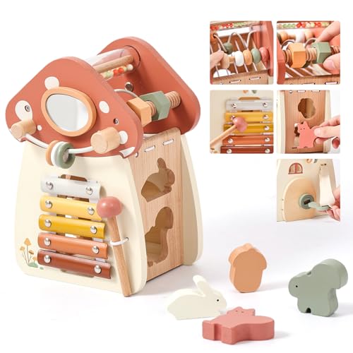 Mamimami Home Motorikspielzeug Pilzspielzeug aus Holz 5 in 1, Montessori-Spielzeug für Kinder，Motorikwürfel ab 1 Jahr, Baby Lernspielzeug, Holz Spielzeug ab 1 Jahr, Activity Center Baby von Mamimami Home