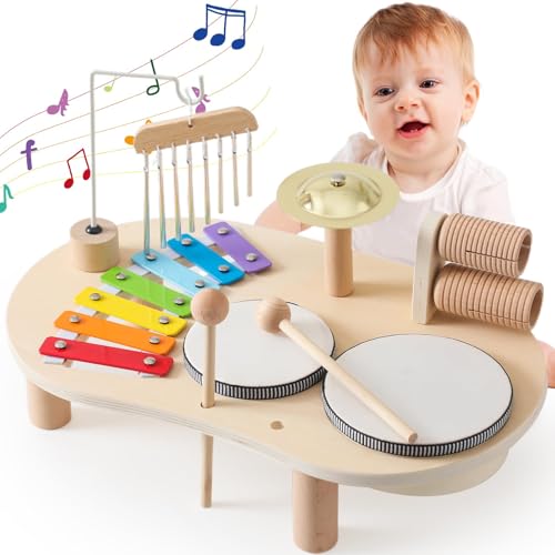 Mamimami Home Musikinstrumente für Kinder ab 3 Jahr Holz Kinder Xylophon Windspiel Trommelset Baby Montessori Vorschule Musical Spielzeug Percussion Instrument Tisch Jungen Mädchen Geburtstag Geschenk von Mamimami Home