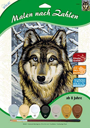 MAMMUT 105067 - Malen nach Zahlen Tiermotiv, Wolf, Komplettset mit bedruckter Malvorlage im A4 Format, 7 Acrylfarben und Pinsel, Malset für Kinder ab 8 Jahre von Mammut Spiel & Geschenk