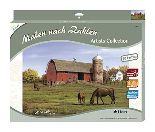 MAMMUT 108006 - Malen nach Zahlen Artists, Landschaftsmotiv, Bauernscheune, Komplettset mit bedruckter Malvorlage im A3 Format, 20 Acrylfarben und Pinsel, großes Malset ab 8 Jahre von Mammut Spiel & Geschenk