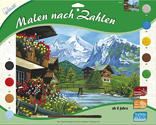 MAMMUT 109030 - Malen nach Zahlen Landschaftsmotiv, Bergidyll, Komplettset mit bedruckter Malvorlage im A3 Format, 10 Acrylfarben und Pinsel, großes Malset für Kinder ab 8 Jahre von Mammut Spiel & Geschenk