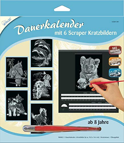 MAMMUT 143001 Kratzbilder & Dauerkalender, Motiv Tiere 1, Silber, Komplettset mit 6 Kratzbildern & 1 Dauerkalender & 1 Kratzmesser & 1Übungsblatt, Kratzset für Kinder ab 8 Jahre von Mammut Spiel & Geschenk