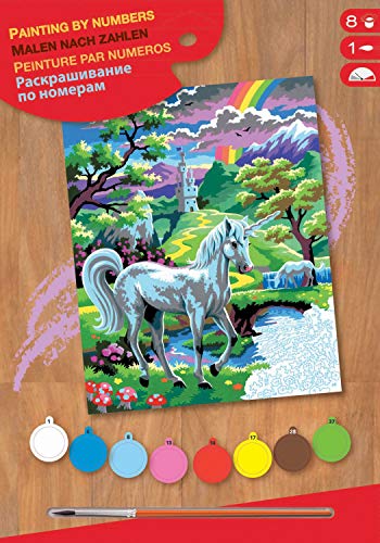 Mammut Spiel & Geschenk 0124, Einhorn, Unicorn Malen nach Zahlen Junior, Komplettset mit bedruckter Malvorlage im A4 Format, 8 Acrylfarben, Pinsel und Anleitung, Malset für Kinder ab 8 Jahre von Mammut Spiel & Geschenk