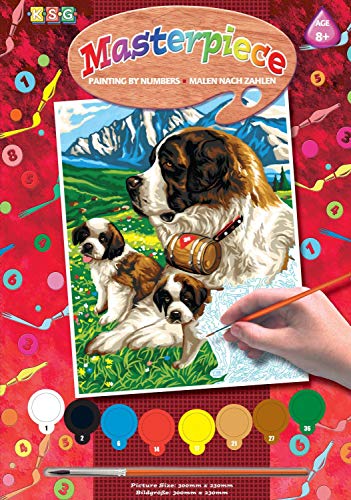 MAMMUT 8221109 - Malen nach Zahlen Junior, Bernhardiner, Hund, Komplettset mit bedruckter Malvorlage im A4 Format, 8 Acrylfarben, Pinsel und Anleitung, Malset für Kinder ab 8 Jahre von Mammut Spiel & Geschenk