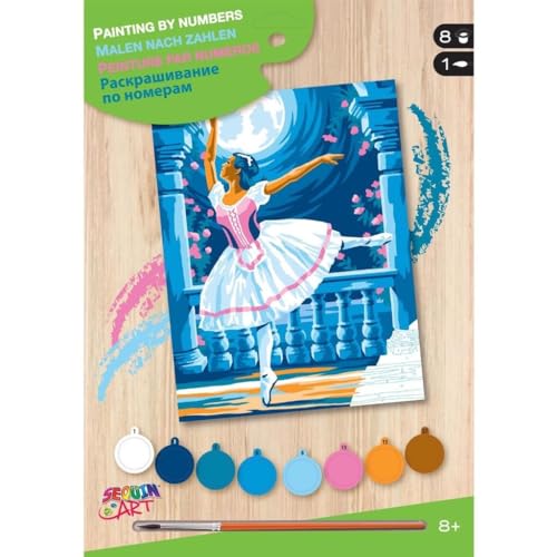 Mammut Spiel & Geschenk 8222004 - Malen nach Zahlen Junior Motiv Ballerina, Komplettset mit bedruckter Malvorlage im A4 Format, Einsteiger Set mit 8 Acrylfarben, Pinsel und Anleitung, Malset für Kinder ab 8 Jahre von Mammut Spiel & Geschenk