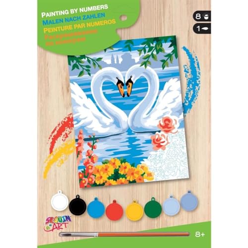 MAMMUT 8222006 - Malen nach Zahlen Junior Motiv Schwäne, Komplettset mit bedruckter Malvorlage im A4 Format, Einsteiger Set mit 8 Acrylfarben, Pinsel und Anleitung, Malset für Kinder ab 8 Jahre von Mammut Spiel & Geschenk