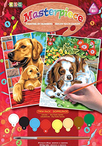 MAMMUT 8230214 - Malen nach Zahlen Junior, Hunde, Doppelpack, Komplettset mit 2 bedruckten Malvorlagen im A4 Format, 8 Acrylfarben, Pinsel und Anleitung, Malset für Kinder ab 8 Jahre von Mammut Spiel & Geschenk