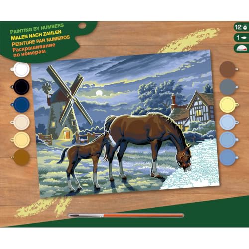 MAMMUT 8240429 - Malen nach Zahlen Senior, Pferde, Komplettset mit bedruckter Malvorlage im A3 Format, 12 Acrylfarben, Pinsel und Anleitung, großes Malset ab 10 Jahre von Mammut Spiel & Geschenk