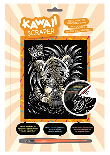 MAMMUT 8261621 - Artfoil, Kratzbild, Tiermotiv, KAWAII Tiger, gold, Komplettset mit Kratzbild, Kratzmesser und Anleitung, Scraper, Scratch, glänzend, Kratzset für Kinder ab 8 Jahre von Mammut Spiel & Geschenk