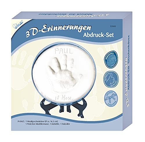 Mammut 129031-3D Erinnerungen Abdruck-Set Geschenkdose in blau, Komplettset für Baby Fuß/Handabdruck, mit Metalldose, 1 Päckchen Modelliermasse, 1 Aufsteller & 1 Holzroller, Kreativset für Eltern von Mammut Spiel & Geschenk