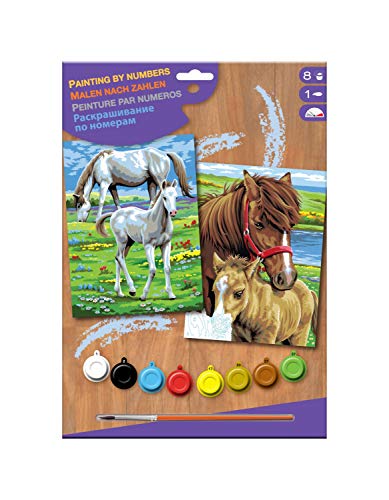 MAMMUT 8230215 - Malen nach Zahlen Junior, Pferde, Doppelpack, Komplettset mit 2 bedruckten Malvorlagen im A4 Format, 8 Acrylfarben, Pinsel und Anleitung, Malset für Kinder ab 8 J. von Mammut Spiel & Geschenk