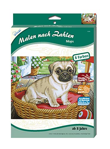 Mammut Spiel & Geschenk 110001 Malen nach Zahlen Classic Tiermotiv, Mops, Hund, Komplettset mit bedruckter Malvorlage im A4 Format, 8 Acrylfarben und Pinsel, Malset für Kinder ab 8 Jahre, Mehrfarbig von Mammut Spiel & Geschenk