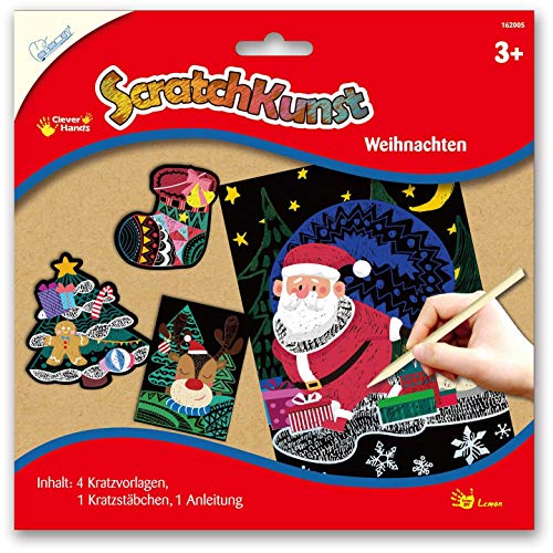 Mammut Spiel & Geschenk 162005 Kratzbilder ScratchKunst Motiv Weihnachten, Komplettset mit 4 Kratzvorlagen, Kratzstäbchen und Anleitung, Scraper, Kratzset f. Kinder ab 3 J von Mammut Spiel & Geschenk