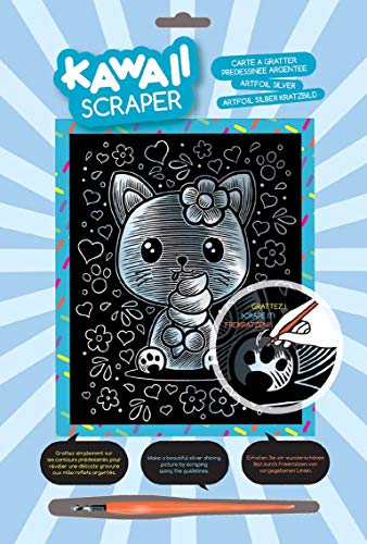 Mammut Spiel & Geschenk MAMMUT 8251616 - Artfoil, Kratzbild, Tiermotiv, KAWAII, Katze, silber, Komplettset mit Kratzbild, Kratzmesser und Anleitung, Scraper, Scratch, glänzend, Kratzset für Kinder ab 8 Jahre von Mammut Spiel & Geschenk