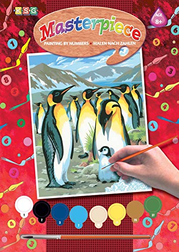 Mammut Spiel & Geschenk MAMMUT 8220033 - Malen nach Zahlen Junior, Pinguine, Komplettset mit bedruckter Malvorlage im A4 Format, 8 Acrylfarben, Pinsel und Anleitung, Malset für Kinder ab 8 Jahre von Mammut Spiel & Geschenk