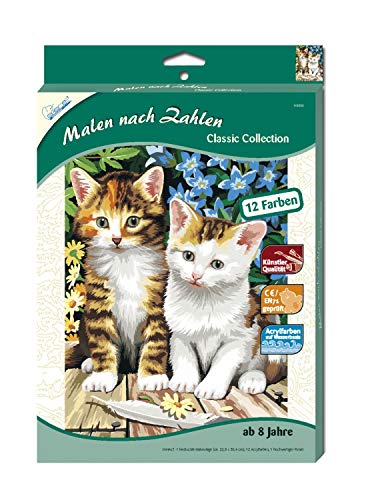 Mammut Spiel & Geschenk 110006 Malen nach Zahlen Classic Tiermotiv, Zwei Kätzchen, Katze, Komplettset mit bedruckter Malvorlage im A4 Format, 12 Acrylfarben, Pinsel, Malset für Kinder ab 8 Jahre von Mammut Spiel & Geschenk