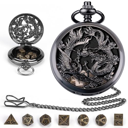 ManChDa Mini DND Würfel Set Steampunk Drache & Phoenix Taschenuhr Gehäuse, 7-Teilig Polyedrisches Metall D&D Würfel Set, DND Geschenke, Rollenspiel Brettspiel Würfel, Schwarz von ManChDa