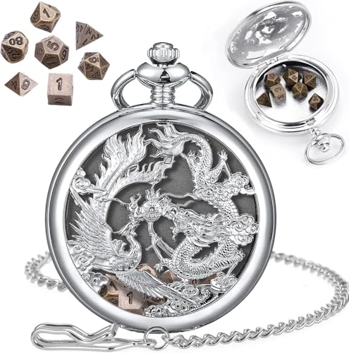 ManChDa Mini DND Würfel Set Steampunk Drache & Phoenix Taschenuhr Gehäuse, 7-Teilig Polyedrisches Metall D&D Würfel Set, DND Geschenke mit Geschenk Box, Rollenspiel Brettspiel Zubehör Würfel, Silber von ManChDa