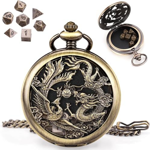 ManChDa Mini DND Würfel Set Steampunk Drache & Phoenix Taschenuhr Gehäuse, 7-Teilig Polyedrisches Metall D&D Würfel Set, DND Geschenke mit Geschenk Box, Rollenspiel Brettspiel Zubehör Würfel, Bronze von ManChDa