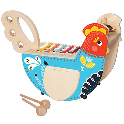 Manhattan Toy 216570 Wooden Instrument for Toddlers with, Cymbal Musical Chicken Holzinstrument für Kleinkinder mit Xylophon, Drumsticks, Becken und Maraca, Mehrfarbig von Manhattan Toy