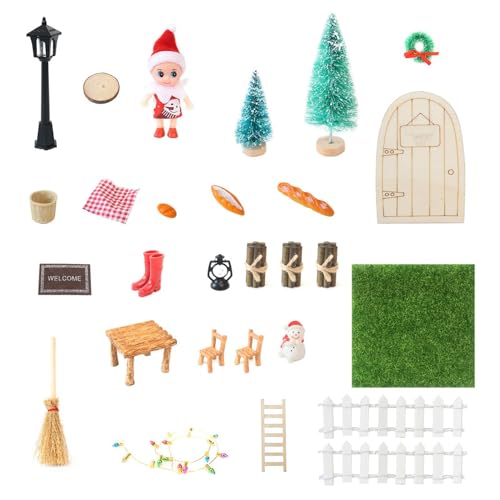 Manolyee Weihnachts-Puppenhaus-Set, Weihnachts-Puppenhaus-Dekorationen | Weihnachtsspielzeug Puppenhauszubehör 24X Set,Kleine gefälschte, Türen, Bäume, Möbelmodell für Mädchen von Manolyee