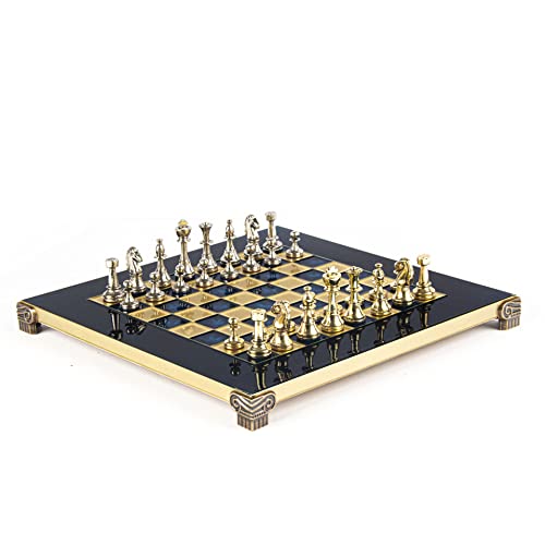 Classic Metal Staunton Small Chess Set - Brass Nickel Pawns - Blue Chess Board von Manopoulos