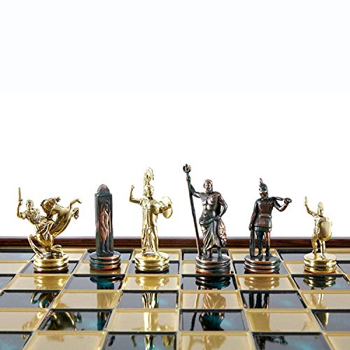 Manopoulos Greek Mythology Chess Set - Brass & Green - Wooden Case mit Green Board - 2 Spieler - Ab 14 Jahren von Manopoulos