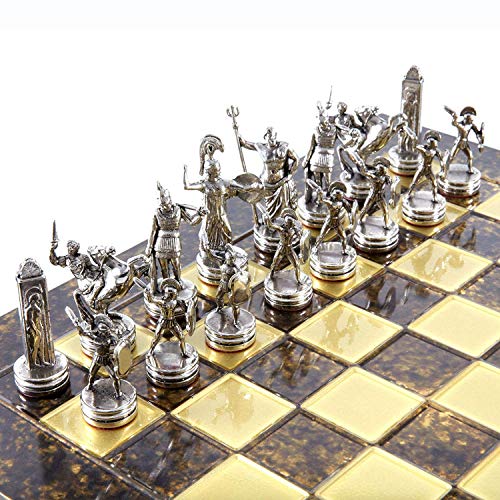 Manopoulos Greek Mythology Chess Set - Brass&Nickel - Brown Chess Board von Manopoulos