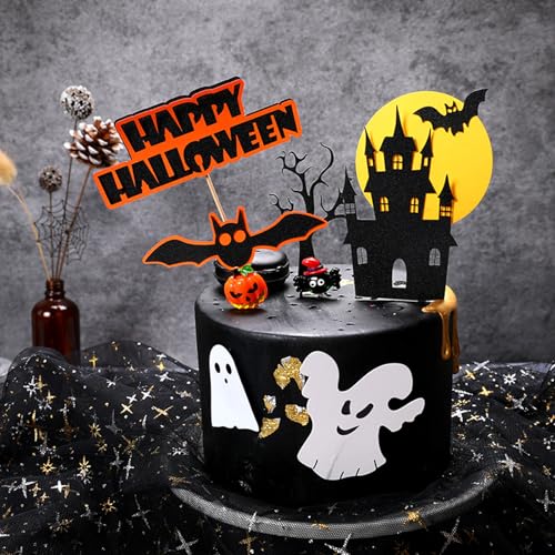 16 Stücke Tortendeko Halloween, Halloween Kuchen Topper Cake Topper, Tortendeko Halloween, Halloween Cupcake Toppers, Kuchen Deko Halloween mit Fledermaus Kürbis Schloss Hexe Besen Mond von Manqyi