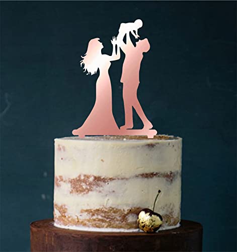 Cake Topper, Tortenstecker, Tortenfigur Acryl, Hochzeit Paar mit Kind Hochzeitstorte (Roségold verspiegel (einseitig)) Art.Nr. 5322 von Manschin-Laserdesign