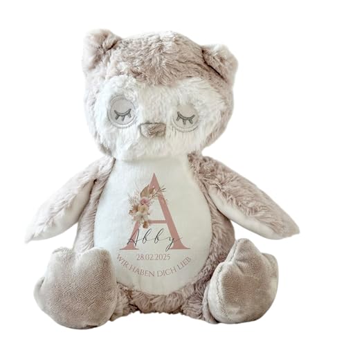 Manufaktur Liebevoll Baby Geburt Geschenk Kuscheltier Name Datum Spruch personalisiert Mädchen Geburt Junge Taufe Geschenk Babygeschenk Baby Spielzeug (Eule) von Manufaktur Liebevoll