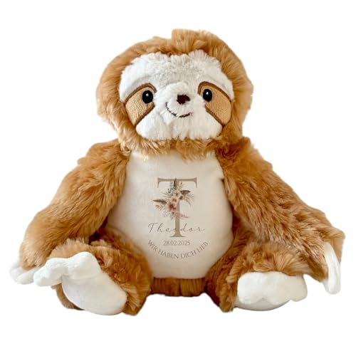 Manufaktur Liebevoll Baby Geburt Geschenk Kuscheltier Name Datum Spruch personalisiert Mädchen Geburt Junge Taufe Geschenk Babygeschenk Baby Spielzeug (Faultier) von Manufaktur Liebevoll