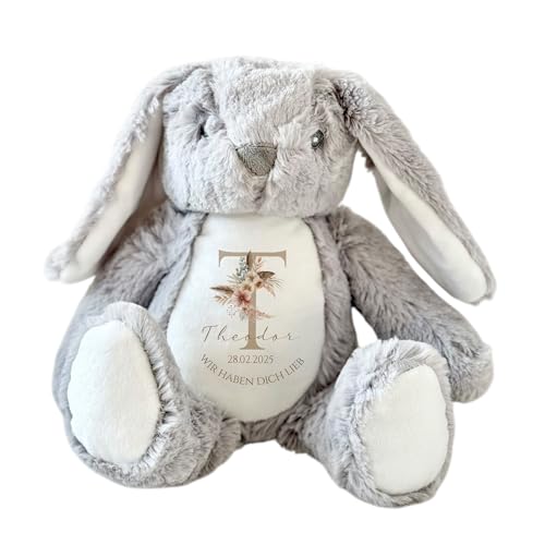 Manufaktur Liebevoll Baby Geburt Geschenk Kuscheltier Name Datum Spruch personalisiert Mädchen Geburt Junge Taufe Geschenk Babygeschenk Baby Spielzeug (Hase grau) von Manufaktur Liebevoll