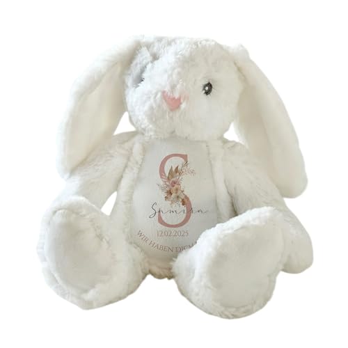 Manufaktur Liebevoll Baby Geburt Geschenk Kuscheltier Name Datum Spruch personalisiert Mädchen Geburt Junge Taufe Geschenk Babygeschenk Baby Spielzeug (Hase weiß) von Manufaktur Liebevoll