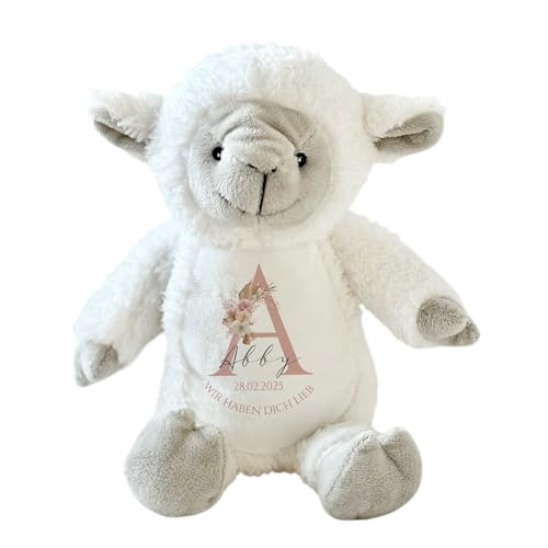 Manufaktur Liebevoll Baby Geburt Geschenk Kuscheltier Name Datum Spruch personalisiert Mädchen Geburt Junge Taufe Geschenk Babygeschenk Baby Spielzeug (Schaf) von Manufaktur Liebevoll