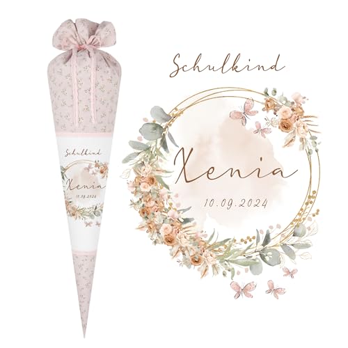 Manufaktur Liebevoll Eukalyptus Schultüte Mädchen Einschulungstüte Name personalisiert Boho Schultüte Stoff Vintage Rosa Blumen Mädchen Zuckertüte Schulkind 2024 I (Blumenranke) von Manufaktur Liebevoll