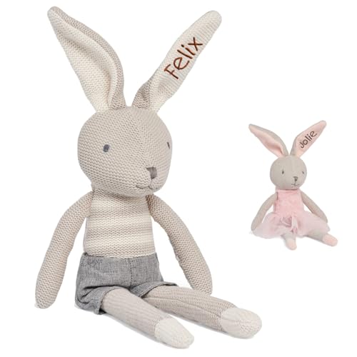 Manufaktur Liebevoll | Kuscheltier Personalisiert Gehäkelter Hase mit Langen Ohren und Beinen Hasen Stofftier Baby Mädchen Junge Geschenk mit Namen Geburt Ostern Geburtstag Plüschtier (Hase Grau) von Manufaktur Liebevoll