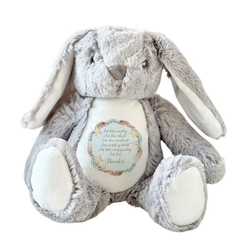 Manufaktur Liebevoll Personalisiertes Plüschtier Namen Kuscheltier Geschenk Baby Geburt Taufe Einschulung Geschenk Kinder Geburtstag Mädchen Jungen Affirmation (Hase grau) von Manufaktur Liebevoll