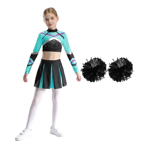 Manyakai Cheer Leader Kostüm Mädchen Bauchfrei Langarm Crop-Top mit High Waist Tanzrock Faltenrock und Handblumenkugeln Fasching Set Blau Grün 110-116 von Manyakai